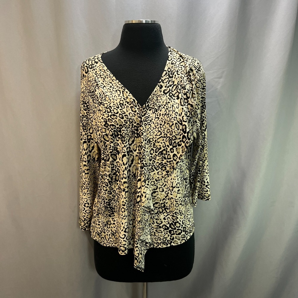 Clara Sunwoo Blouse Top Womens Petite XL Beige Leopard Print Ruffle Hem Everyday